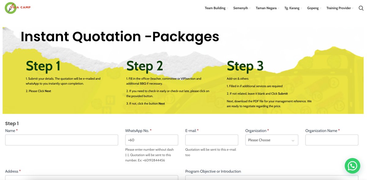AsiaCamp instant quotation page with programme details and enquiry form